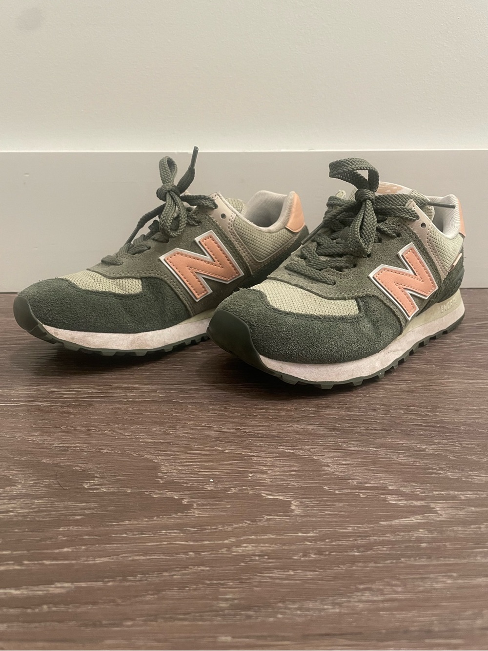 New Balance 574 Olive Green & Peach Retro Runner Sneakers 6.5